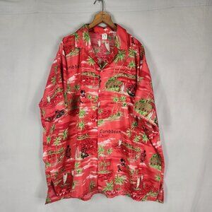 Caribbean Tropical Button Up Shirt Men's XXL Red Island Vacation Beach Travel